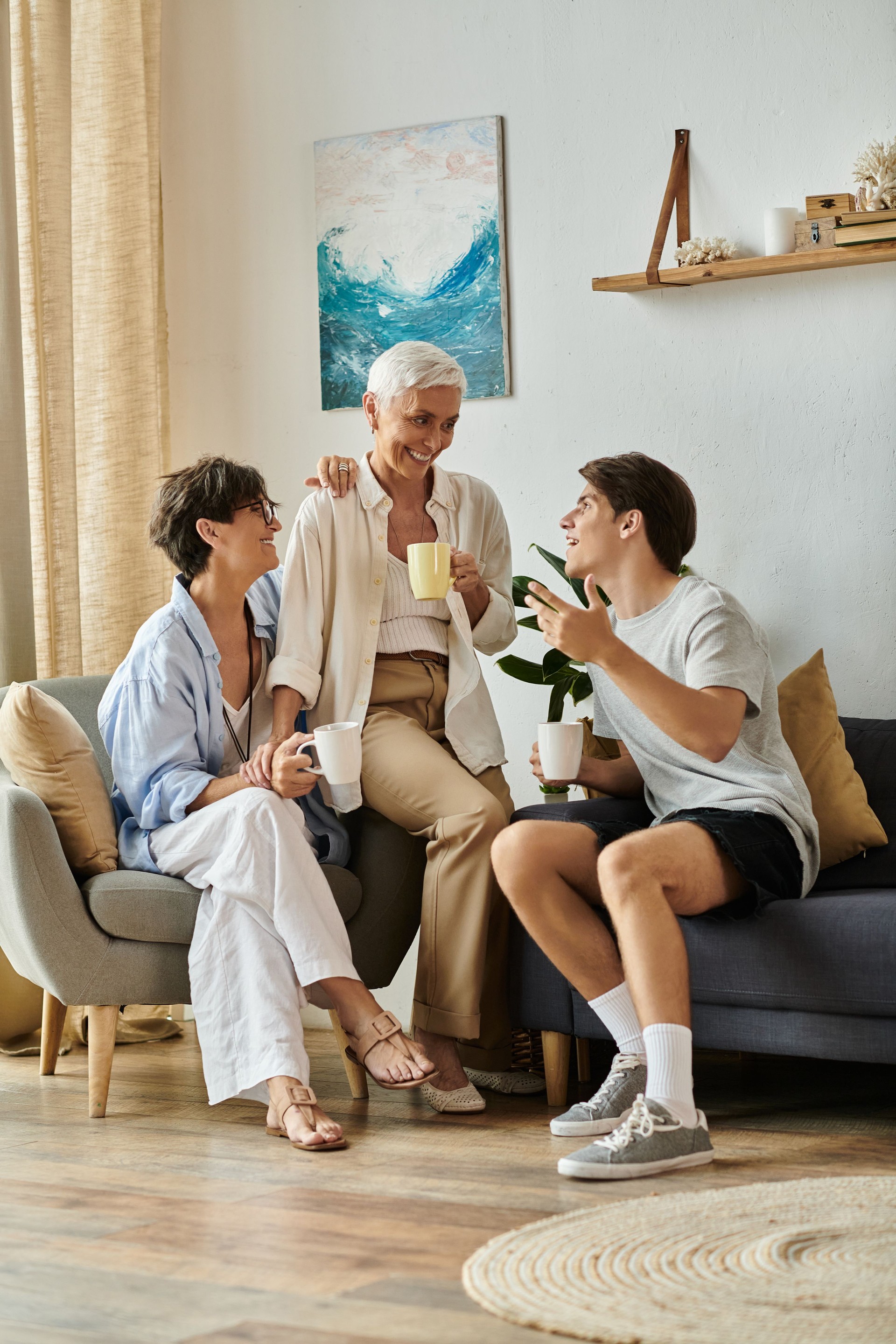A joyful gathering of a loving LGBTQ family in their cozy living room