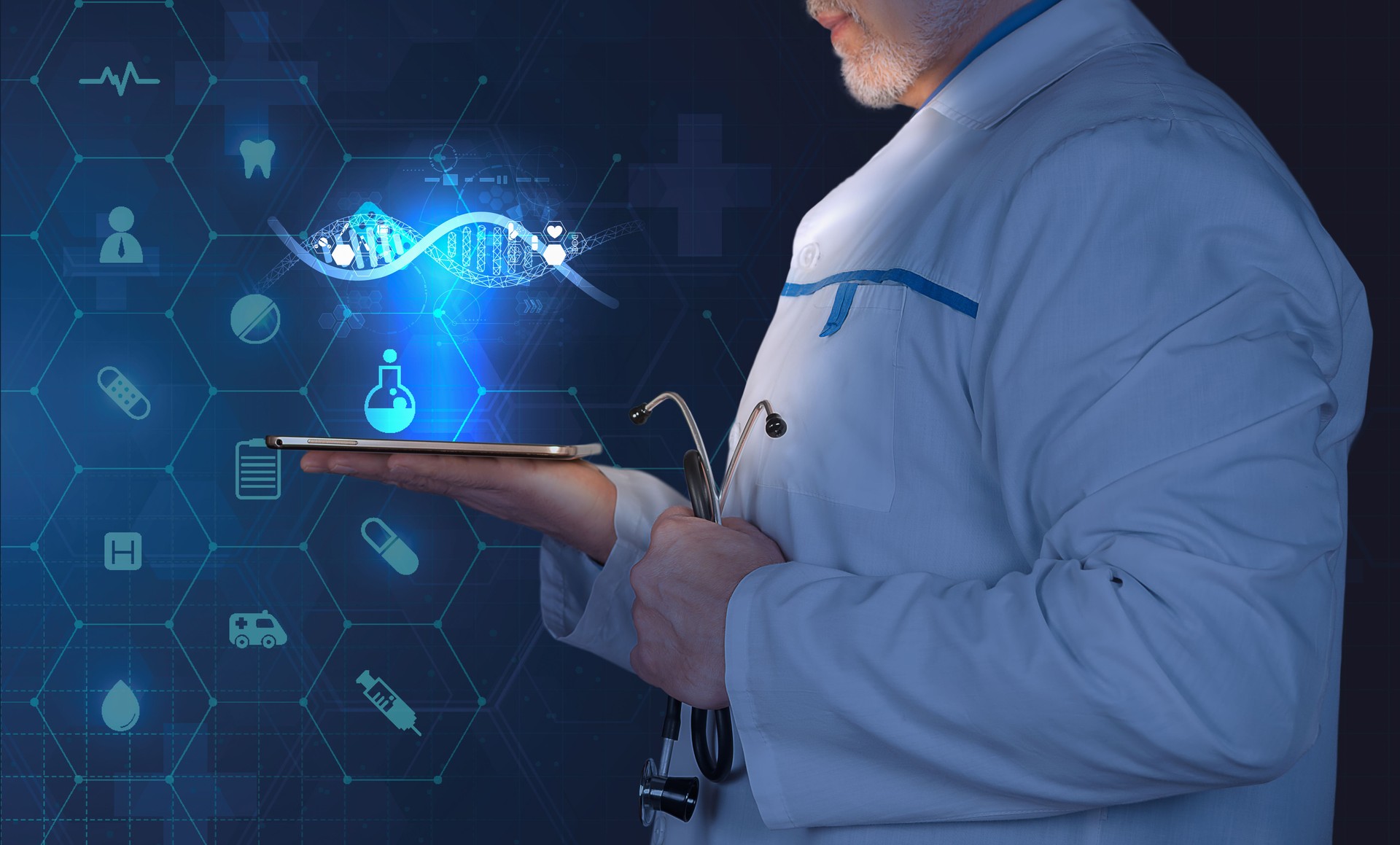 Medical professional using tablet for digital health analysis and research at a modern healthcare facility